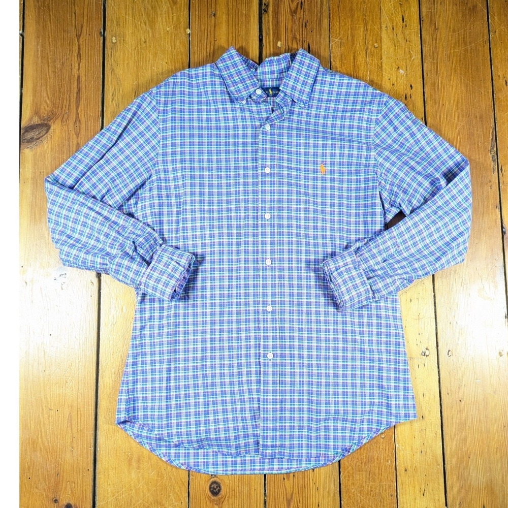 Ralph Lauren Mens Medium Button Down Shirt Blue Plaid Long Sleeve Pony